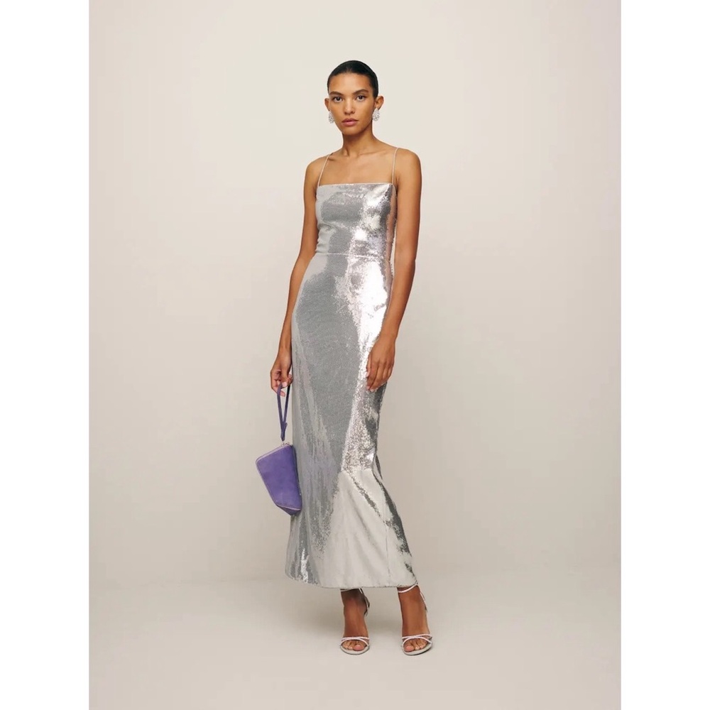 Reformation Frankie Sequin‎ Midi Dress Gown in Silver Sequin